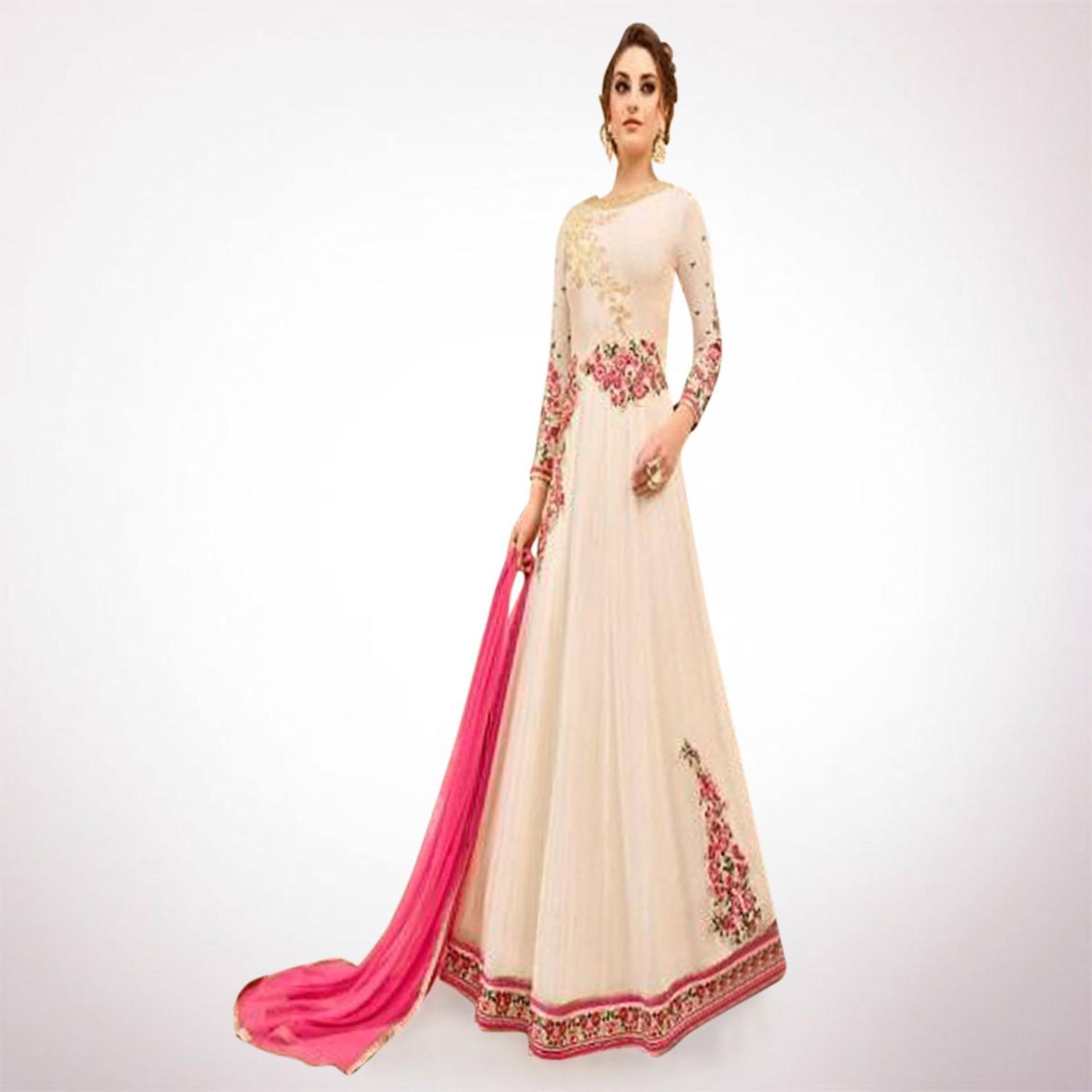 Off White Georgette Unstitched Gown for Women