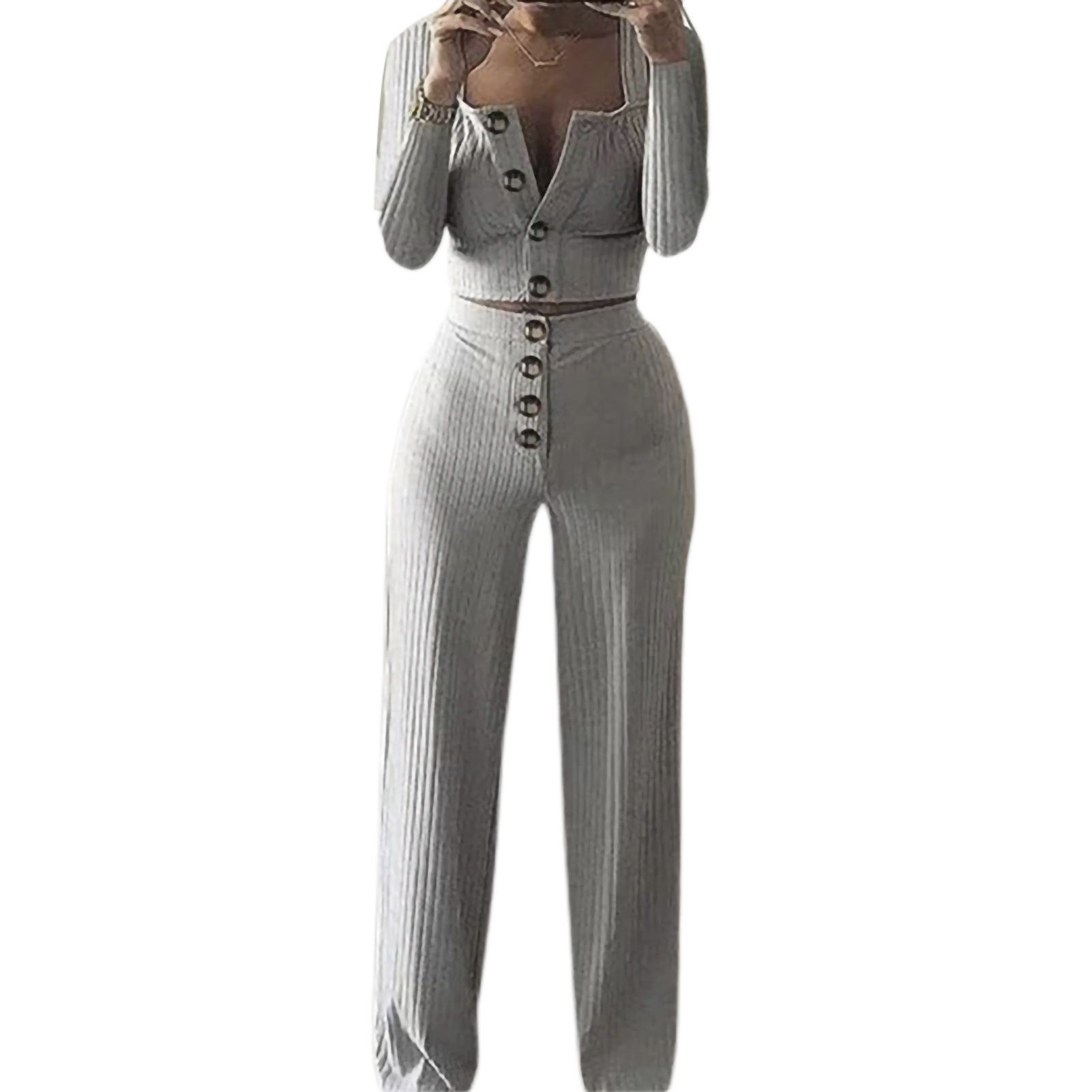 Crop Top Pants Square Neck Tament Pure Color Blouse Pants