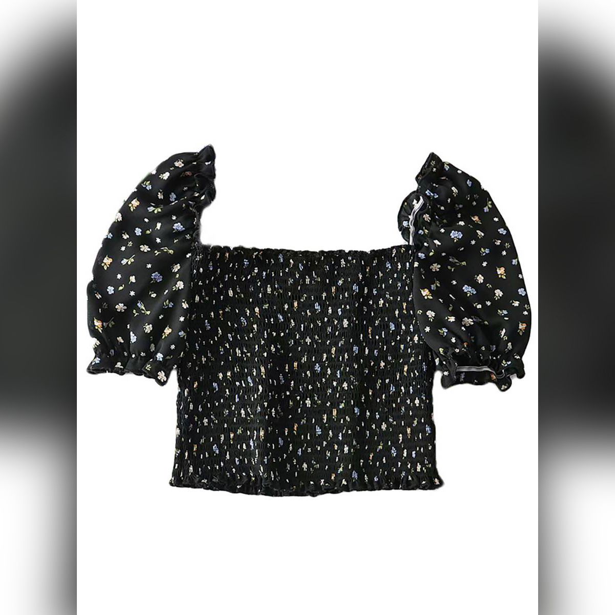 New Women Puff Sleeve Pullover Top Fashion Vintage Floral Square Collar Exposed Navel T-shirt