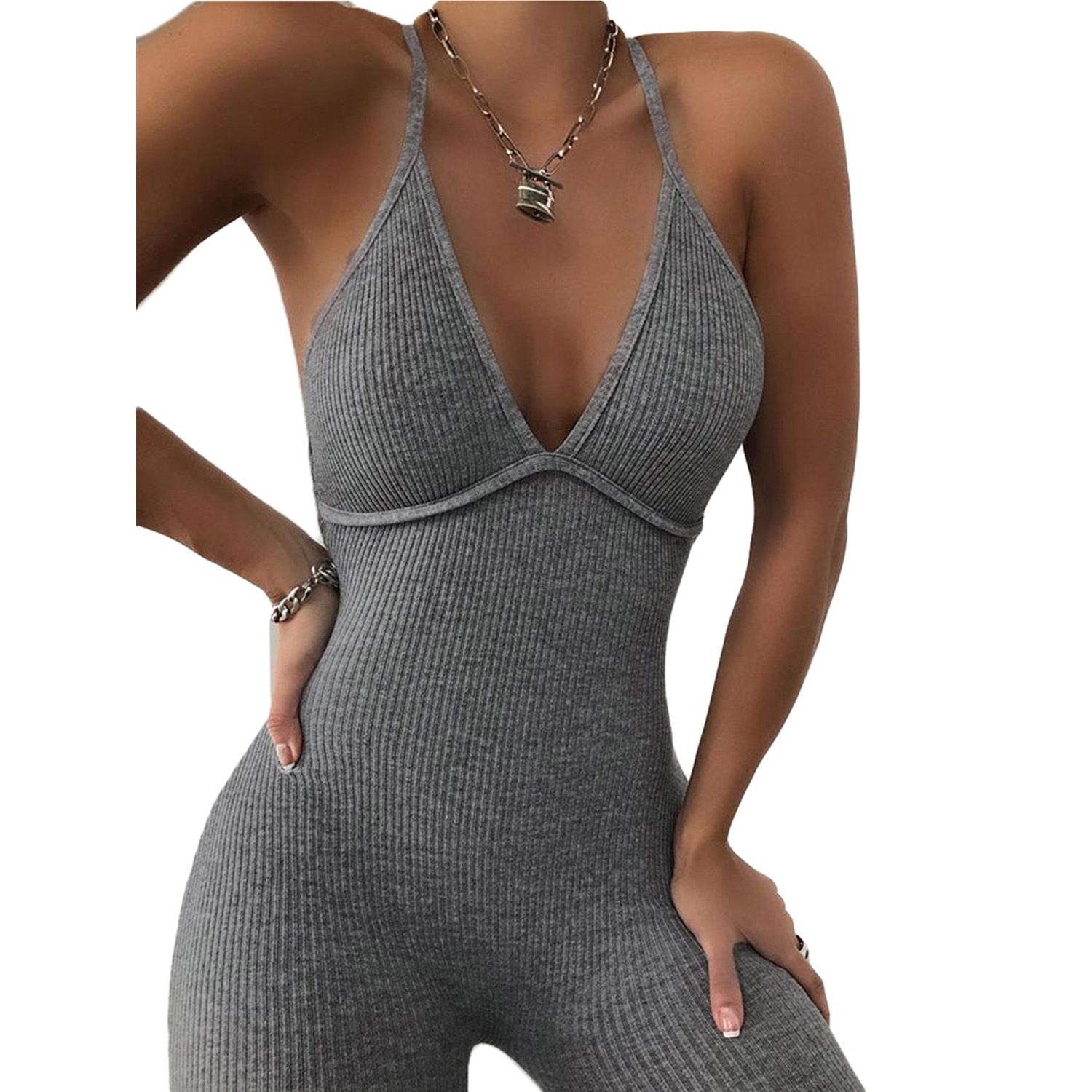 Female Jumpsuit, Solid Color V-Neck Sleeveless Jumpsuit Bodysuit for Women, Dark Gray/Light Gray