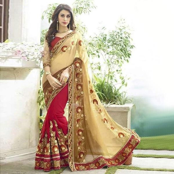 Golden and Maroon Weightless Georgette Saree For Women