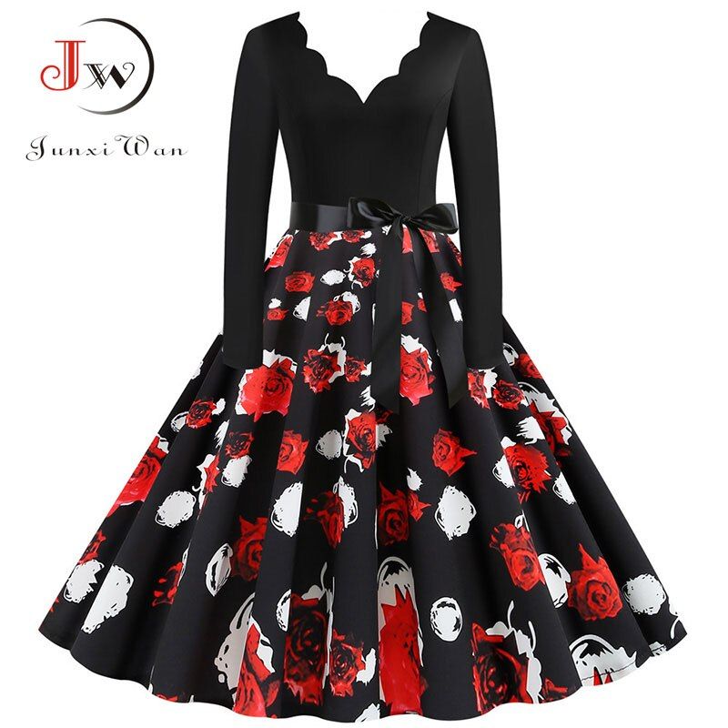 Women Plaid Print Winter Dress Black Long Sleeve Vintage ChristParty Pin up Rockabilly Dress Robe Femme Plus size S~3XL
