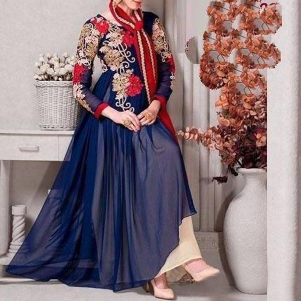 Royal  Blue  Semi-Stitched  Georgette  Gown  for  Women
