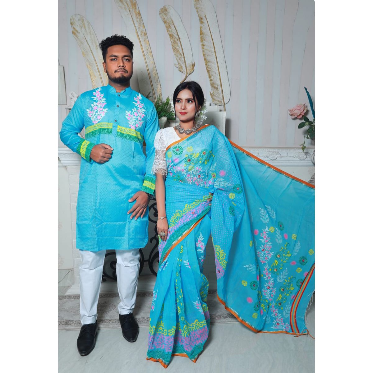 Half Silk Saree And Half Silk panjabi For Combo Couple Dress