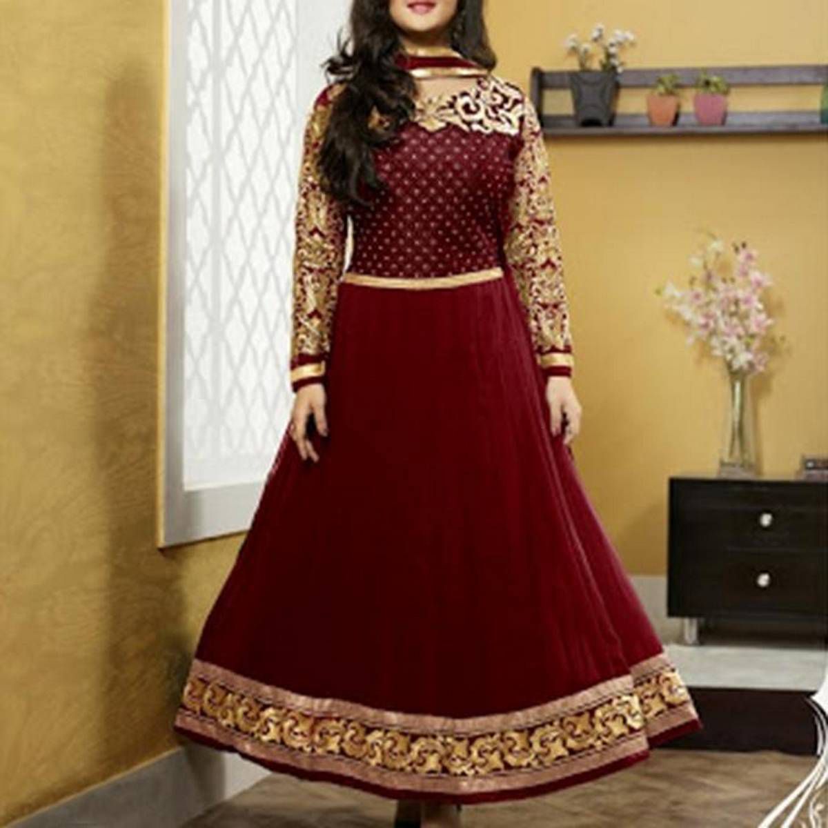 Fashionable Unstitched Maroon Cotton Block Printed Salwar Kameez For Women