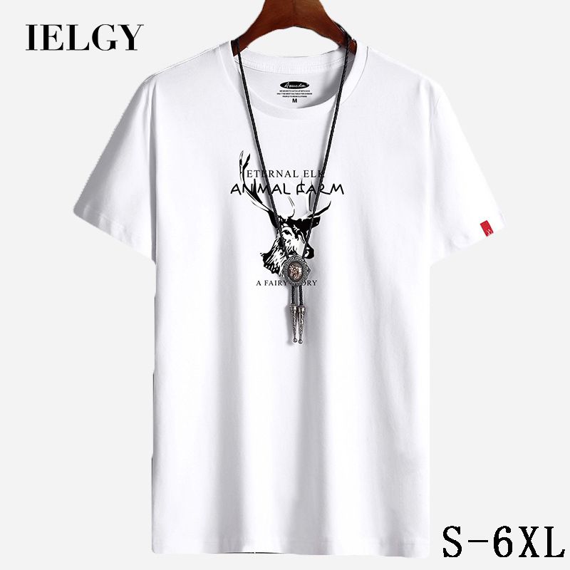 IELGY Men's short-sleeved pattern t-shirt summer cotton simple wild compassionate loose large size shirt bottoming shirt