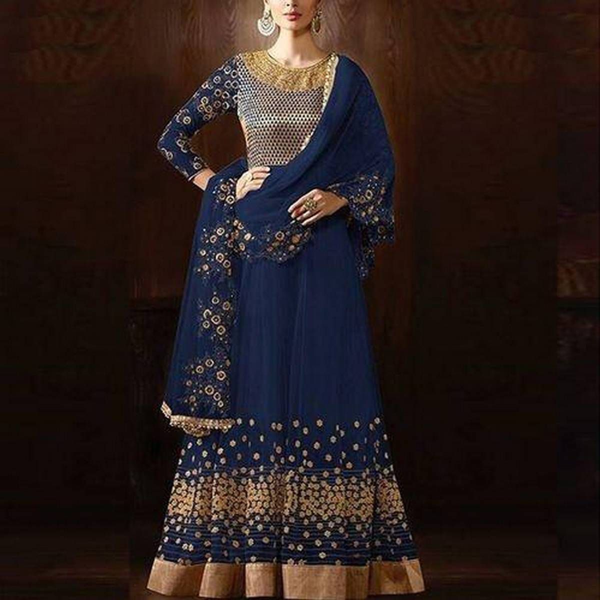 Blue  Semi-Stitched  Georgette  Gown  For  Women