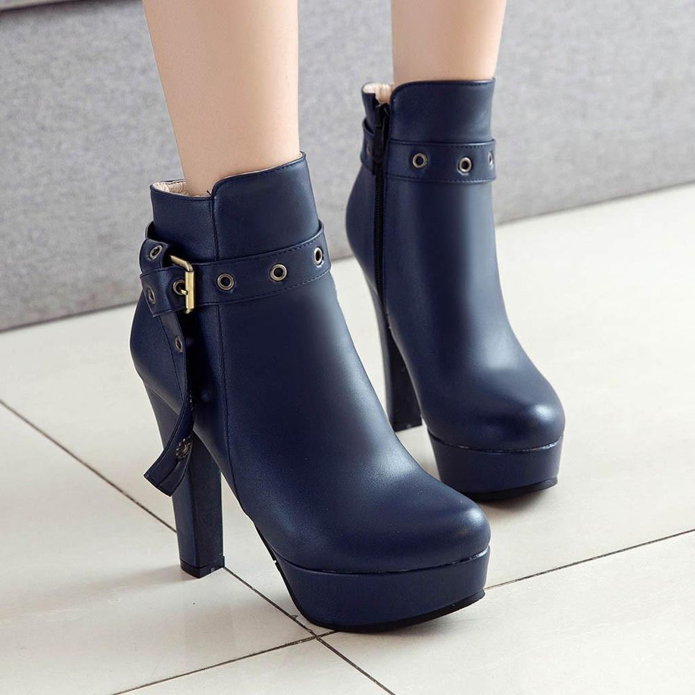 Fashion Women Waterproof Platform Round Head High Heels Zipper Ankle Boots