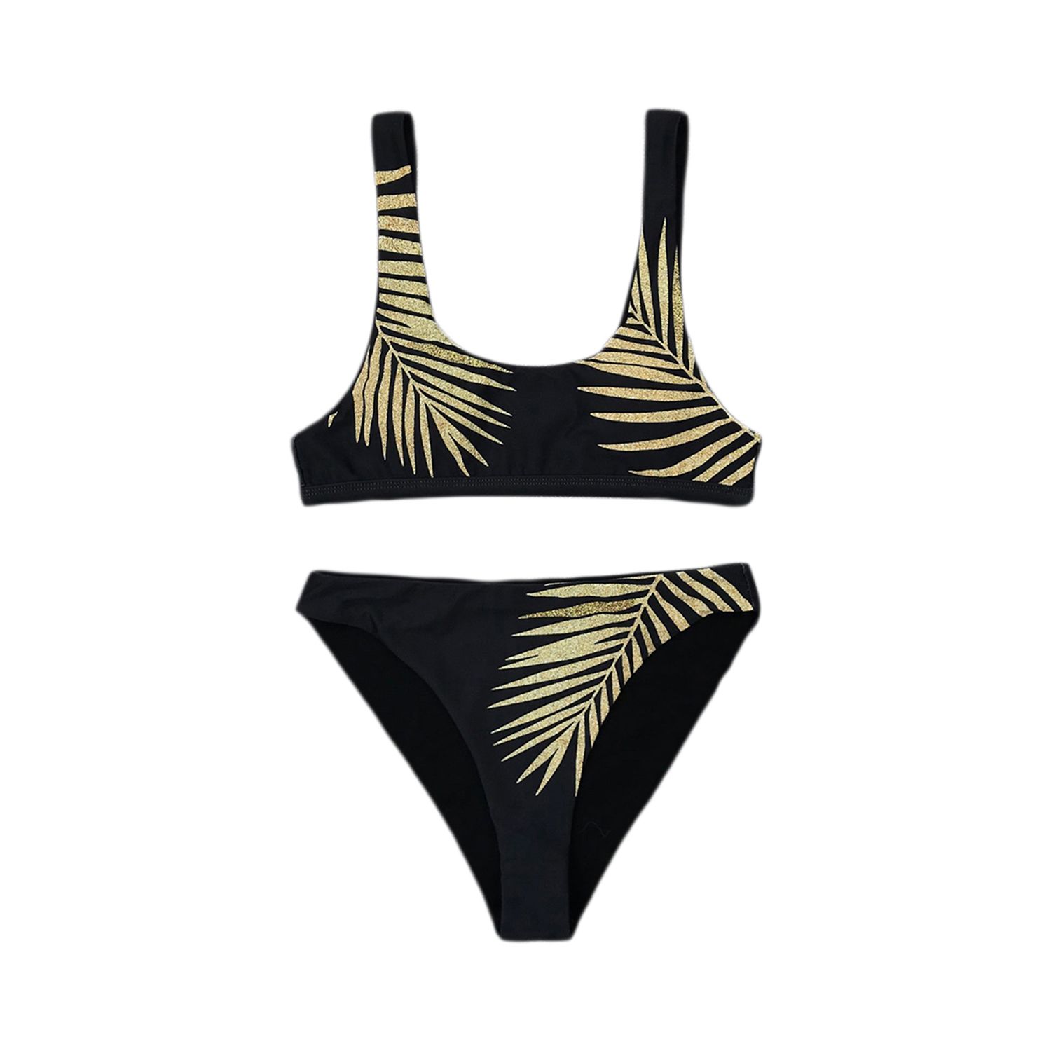 Ladies Summer Split Bikini Set Female Creative Golden Leaves Printing Tank Top Type Sexy Bikini Adults Women Swimwear for Travel Vacation