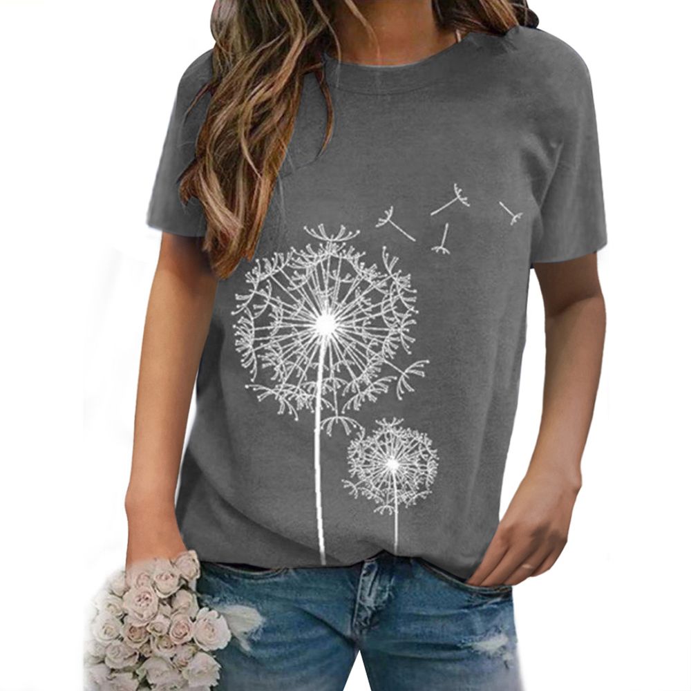 Women Short Sleeve O Neck Dandelions Print T-shirt