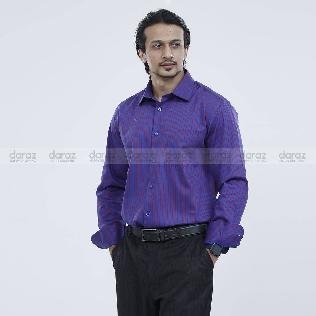Cotton formal royal blue striped shirt