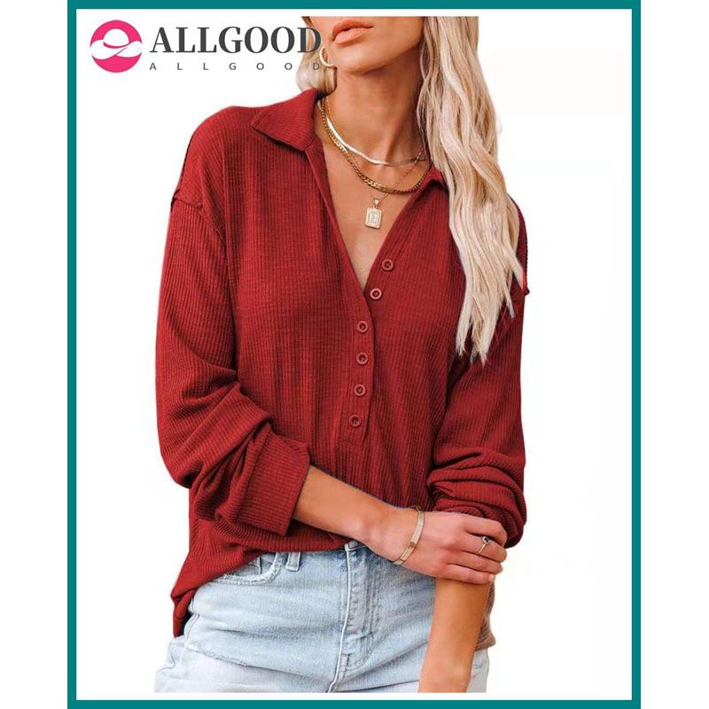 Autumn Winter Henley Shirts Women Casual V Neck Long Sleeve Button Down Ribbed Knit Tops Solid Vintage Loose Pullover Shirt