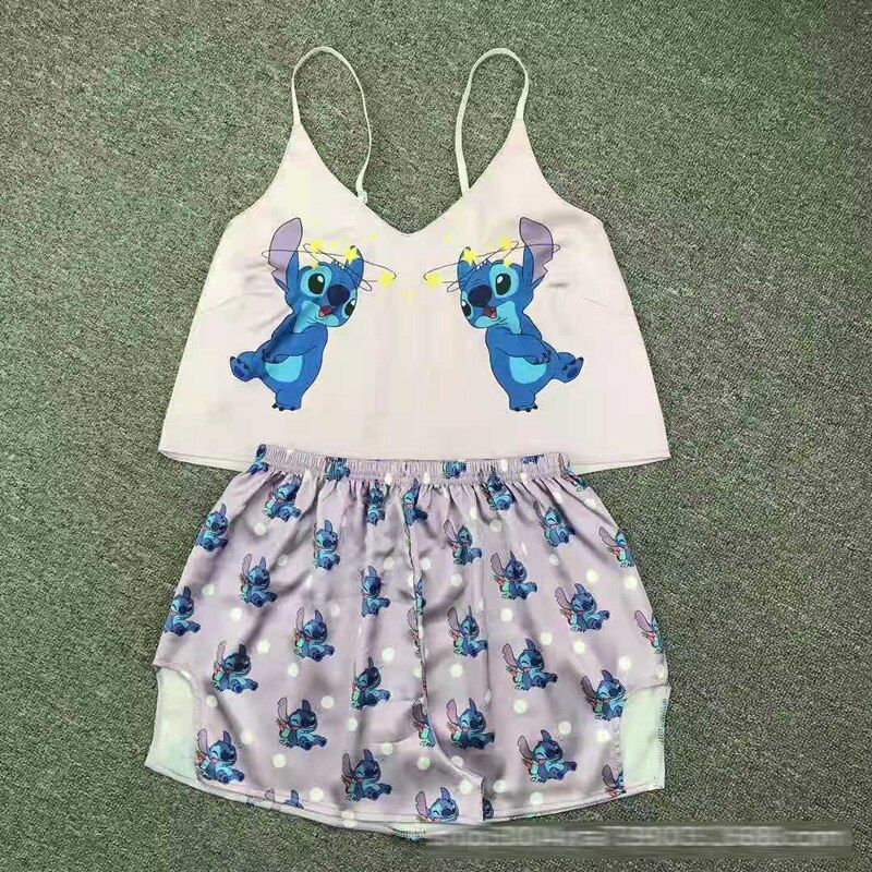 Summer Pyjamas Women Cartoon Pajamas Satin 2Piece Set y Sleepwear Female Sleep Tops Shorts Girls Home Clothes Suit Nightie