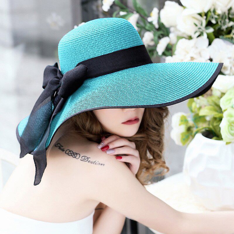 AECU Summer Large Brim Hat Floppy Straw Hat Casual Vacation Travel Wide Brimmed Bowknot Sun Hats Foldable Beach Hats For Women