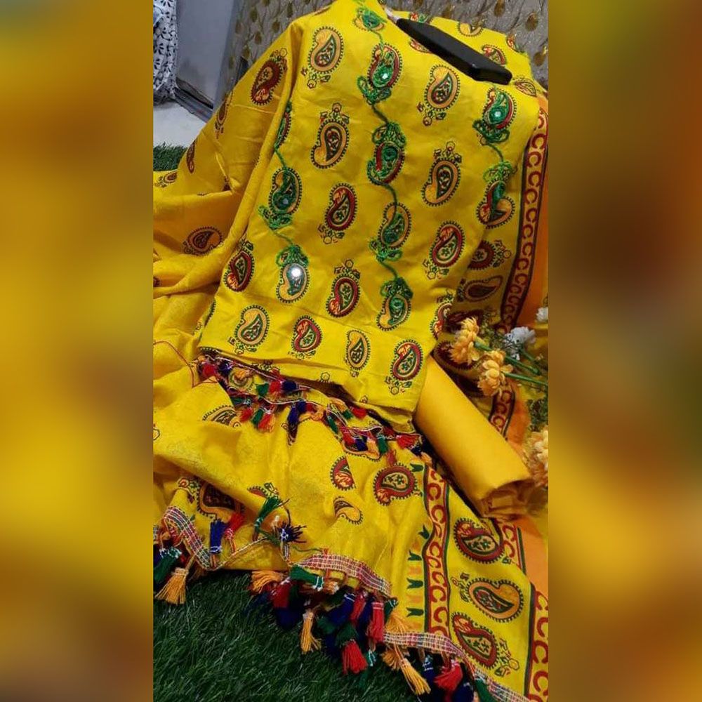 মহিলাদের জন্য নতুন জয়পুরি এরি আনস্টিচড ফ্যাশনেবল স্টাইলিশ থ্রি পিস সেট সালোয়ার কামিজ {3 পিস