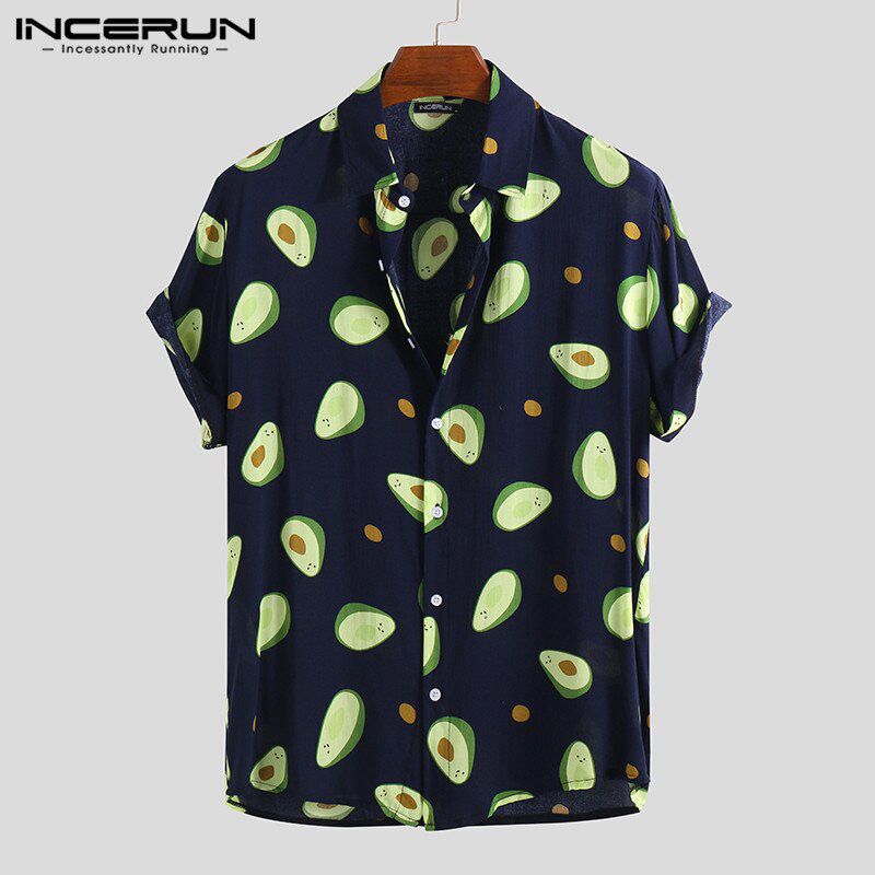INCERUN Summer Avocado Print Men Shirt Turn-down Collar Short Sleeve Casual Beach Hawaiian Shirts Men Streetwear Camisa 2021 5XL