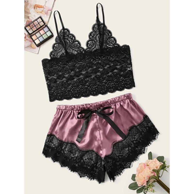 Women's Pajamas Satin Silk y-Lingerie Sleepwear Lace V-neck Cami Top and Shorts Night Pajamas  Big Size Home Clothes