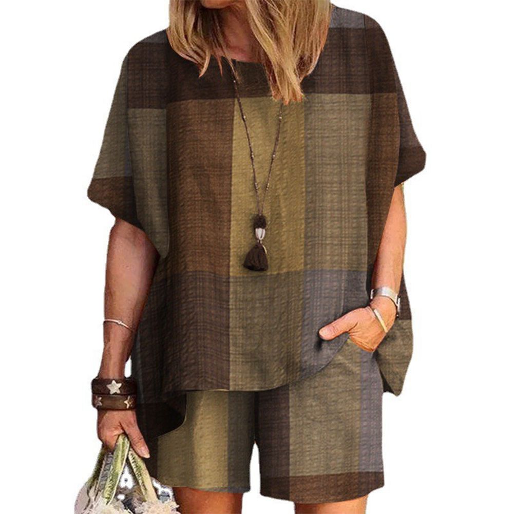 Yfashion 2 Pcs Women Outfits Cotton Linen Summer Plaid Printing Short Sleeve Blouse Shorts Side Pockets Cropped Pants Casual Clothes Set color