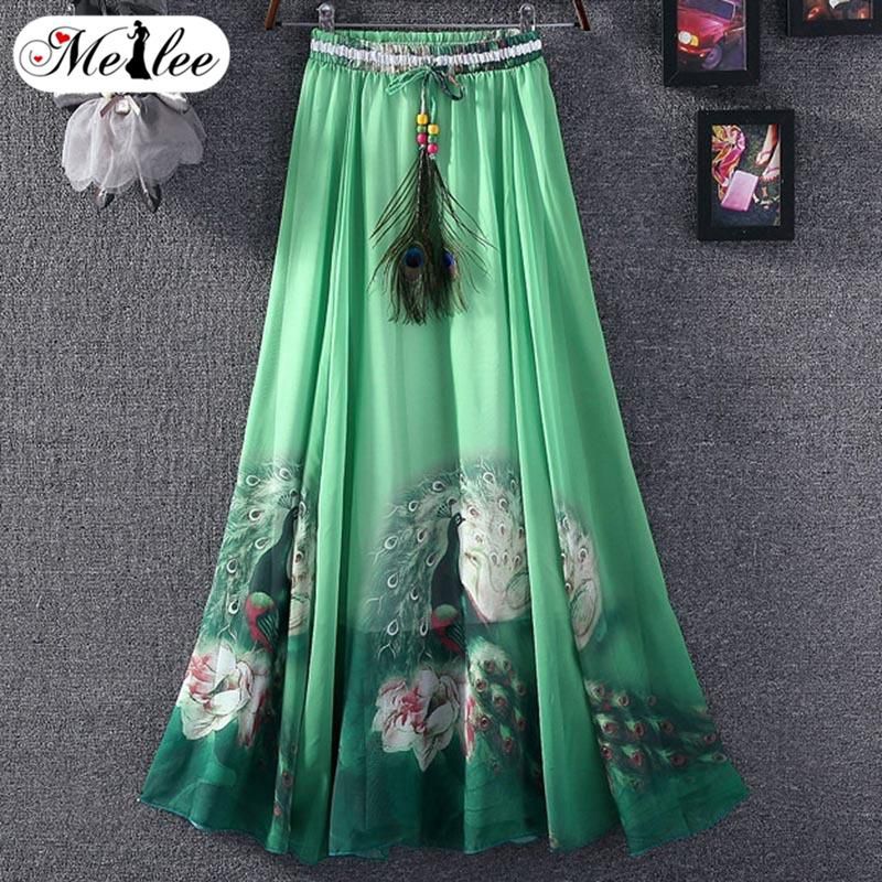 Womens Floral Bohemia Chiffon Maxi Long Skirt Elastic Waist Summer Beach Dress Loose Casual