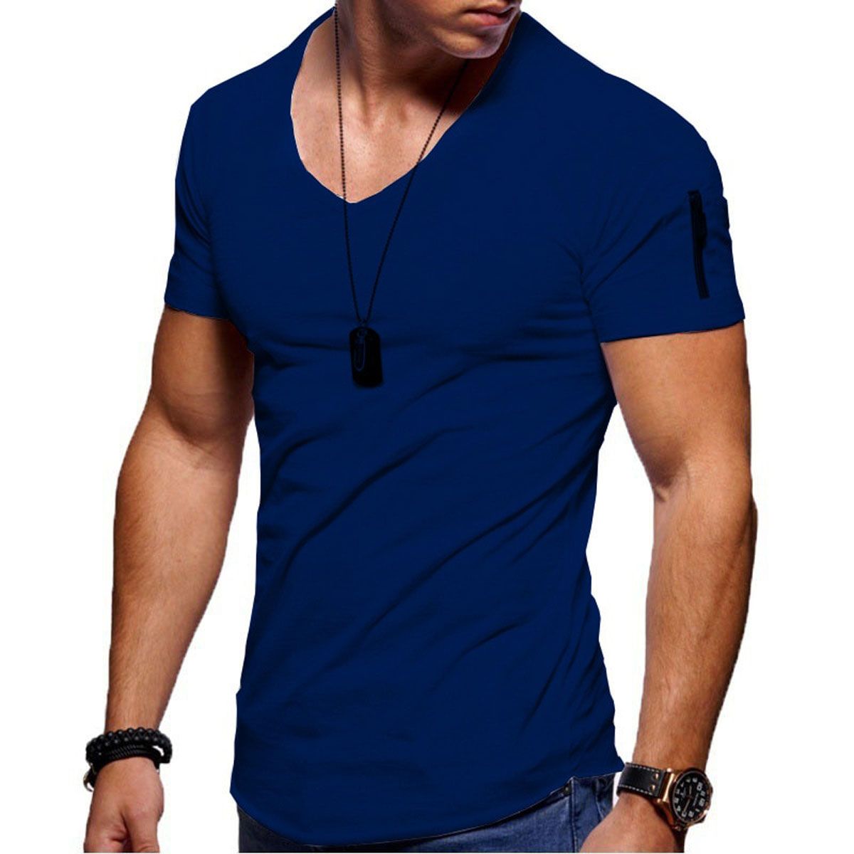 Summer Slim fit Men's V collar T shirt Fitness Bodybuilding Men shirts  High Street Short Sleeve Zipper sleeve t-shirts tops