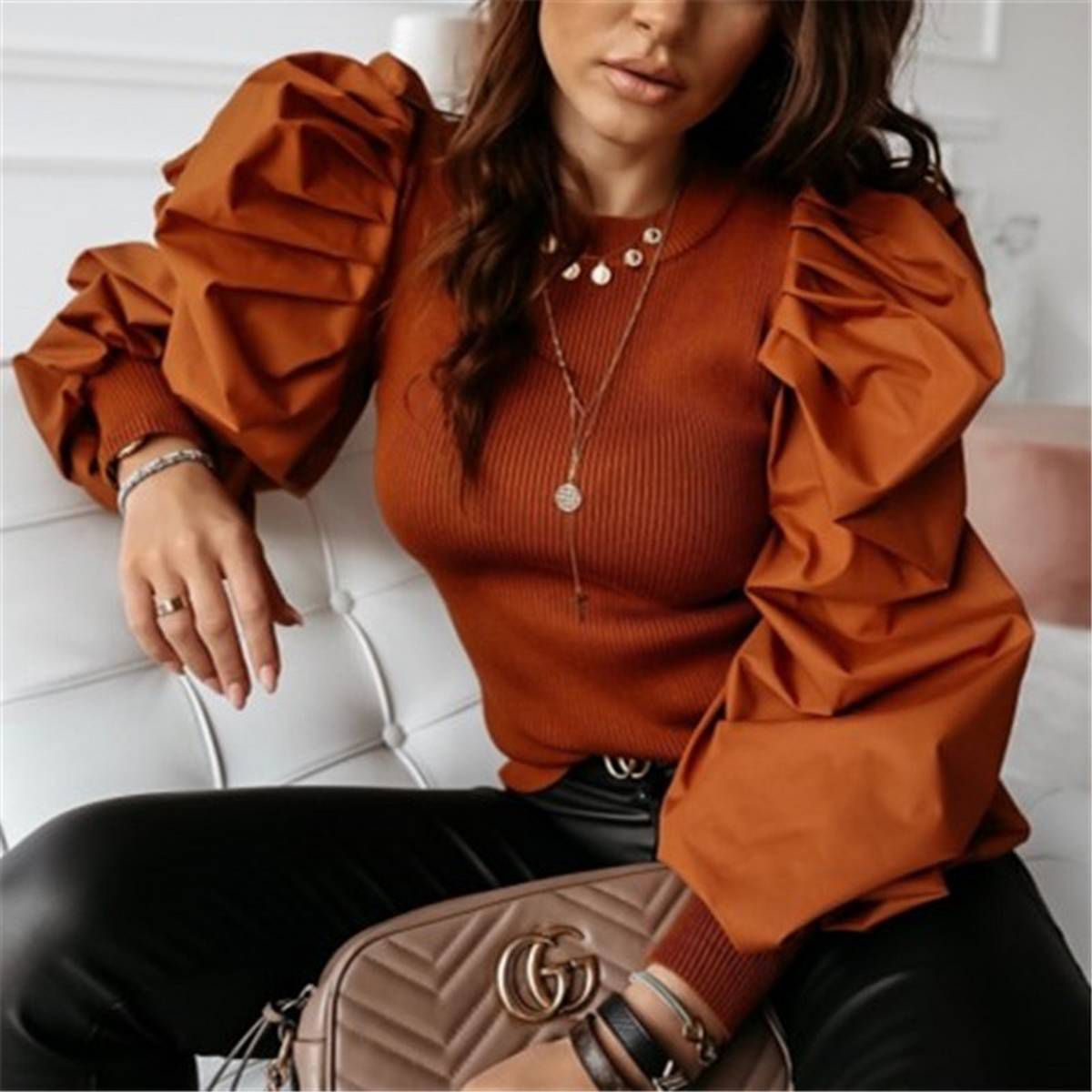 Women new Puff Sleeve Tops Pullover Sweater Blouse Loose Ribbed Shirt