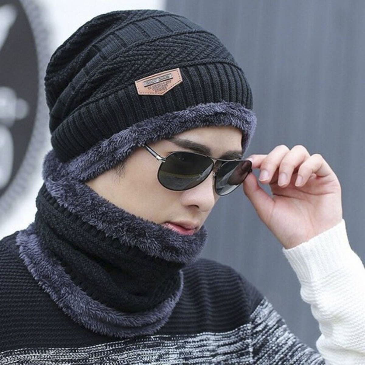 Knitted Hat Scarf Caps Neck Warmer Winter Hats For Men Women Skullies Beanies Warm Fleece Cap-Black
