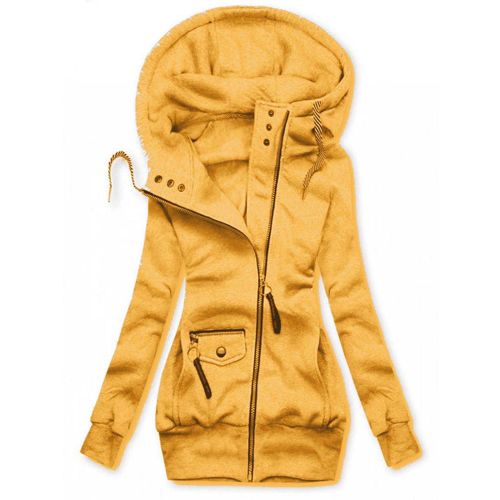Women Winter Zipper Hooded Coat Pocket Mountain Print Long Sleeve Plush Jacket