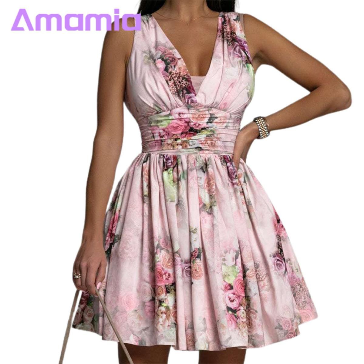 Amamia Summer Dress Zipper Floral Print Sleeveless Beh Holiday Dress