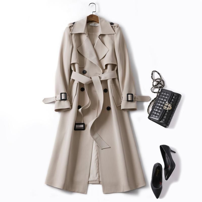 Palenda New Women's Trench Coat Double ed Solid Turn-down Collar Long Coat with Belt Vintage Warm Coat