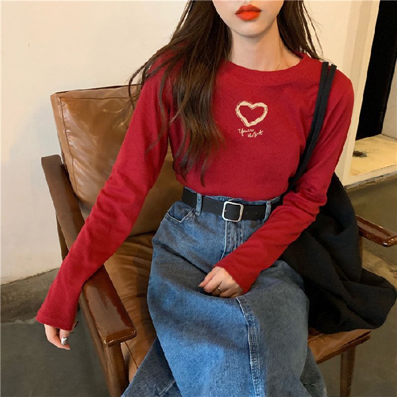 New Long Sleeve Shirt Round Neck Peach Love Letter Print Korean Version Slim Fit Multiple Colour Wild Wo