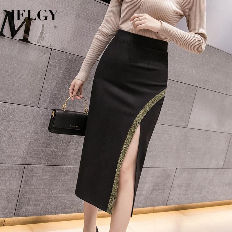 IELGY Women's pants fashion skirt mid-length casual high waist split all-match simple black