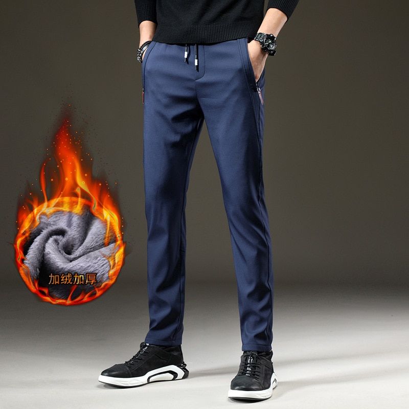Mens Winter Fleece warm Pants men Korean Casual Slacks Slim Warm thick Pants for men fashion Black gray blue Trousers male