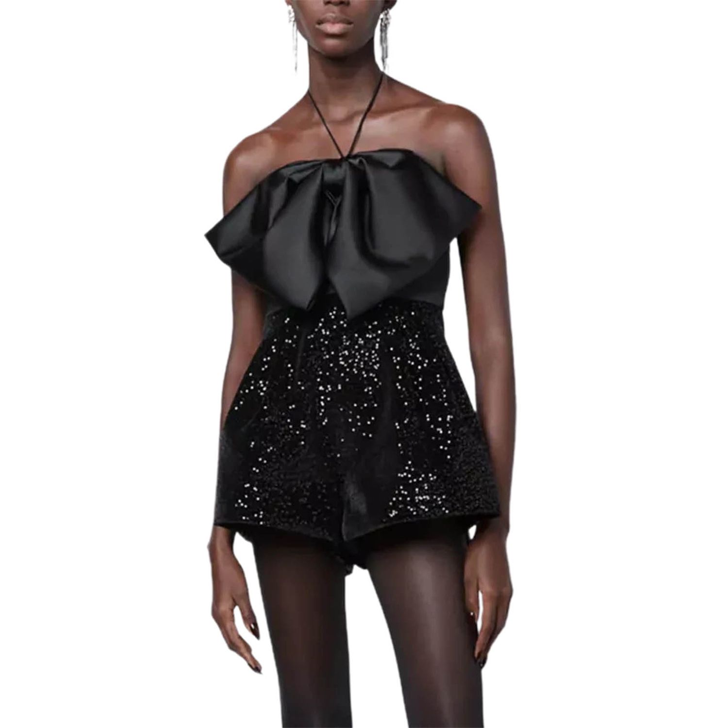 Women Short Jumpsuit, Sleeveless Halterneck Large Bowknot Sparkle Cocktail Party Playsuit