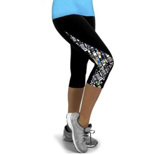 Printed Womens Slim Gym Workout 3/4 Trousers Casual Sports Capri Cropped Pants