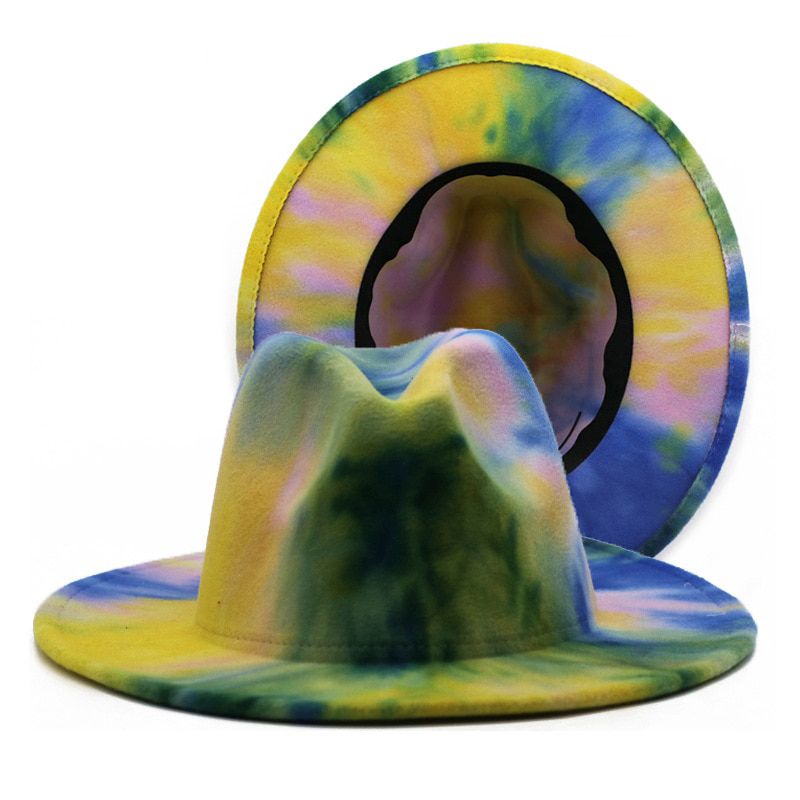 Wide-brim double-sided tie-dye women woolen hat early spring color hat ladies big-brimmed jazz felt hat ink painting Panama hat