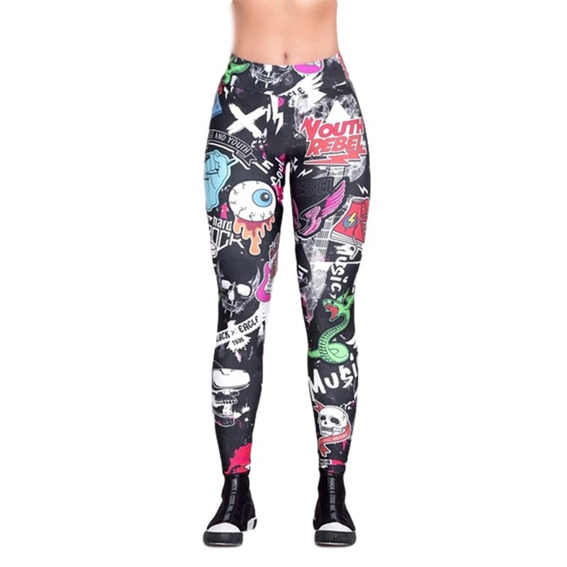 Women Cartoon Printed Legging Pants, Casual High Waist Tights Casual Pattern Trouser