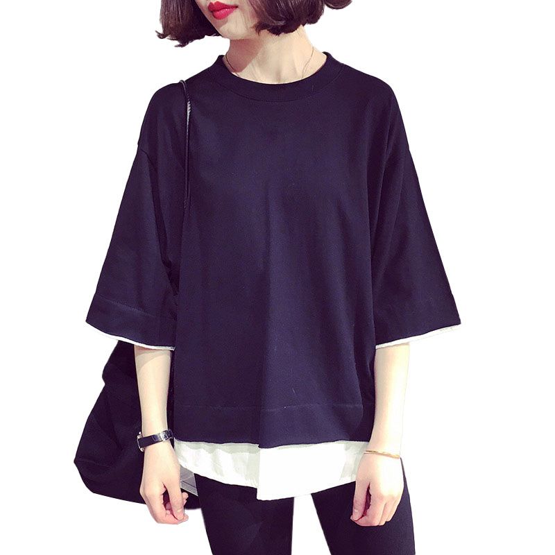 Female Loose Tops, Contrast Color Round Neck Elbow Sleeve Fake Two Pieces T-Shirt Casual Pullover for Summer, M/L/XL