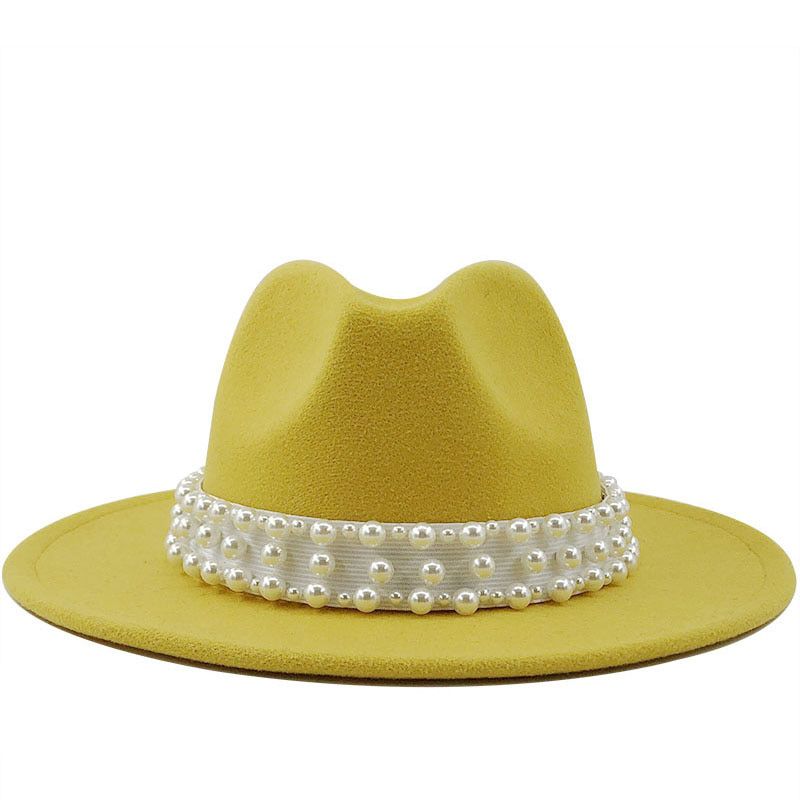 ple Men Women Wide Brim Wool Felt Fedora Panama Hat with pearl Buckle Jazz Trilby Cap Party Formal Top Hat 56-58-60CM