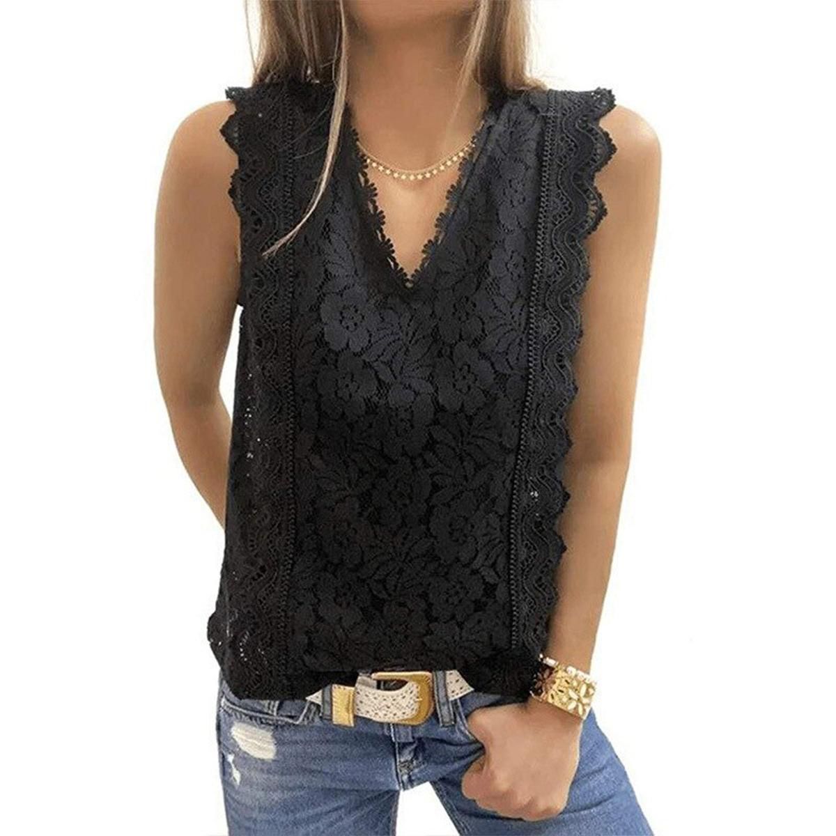 Summer Vest V-Neck Lace Top For Women Vest Knitting Halter Off-Shoulder Sleeveless Solid Color Casual