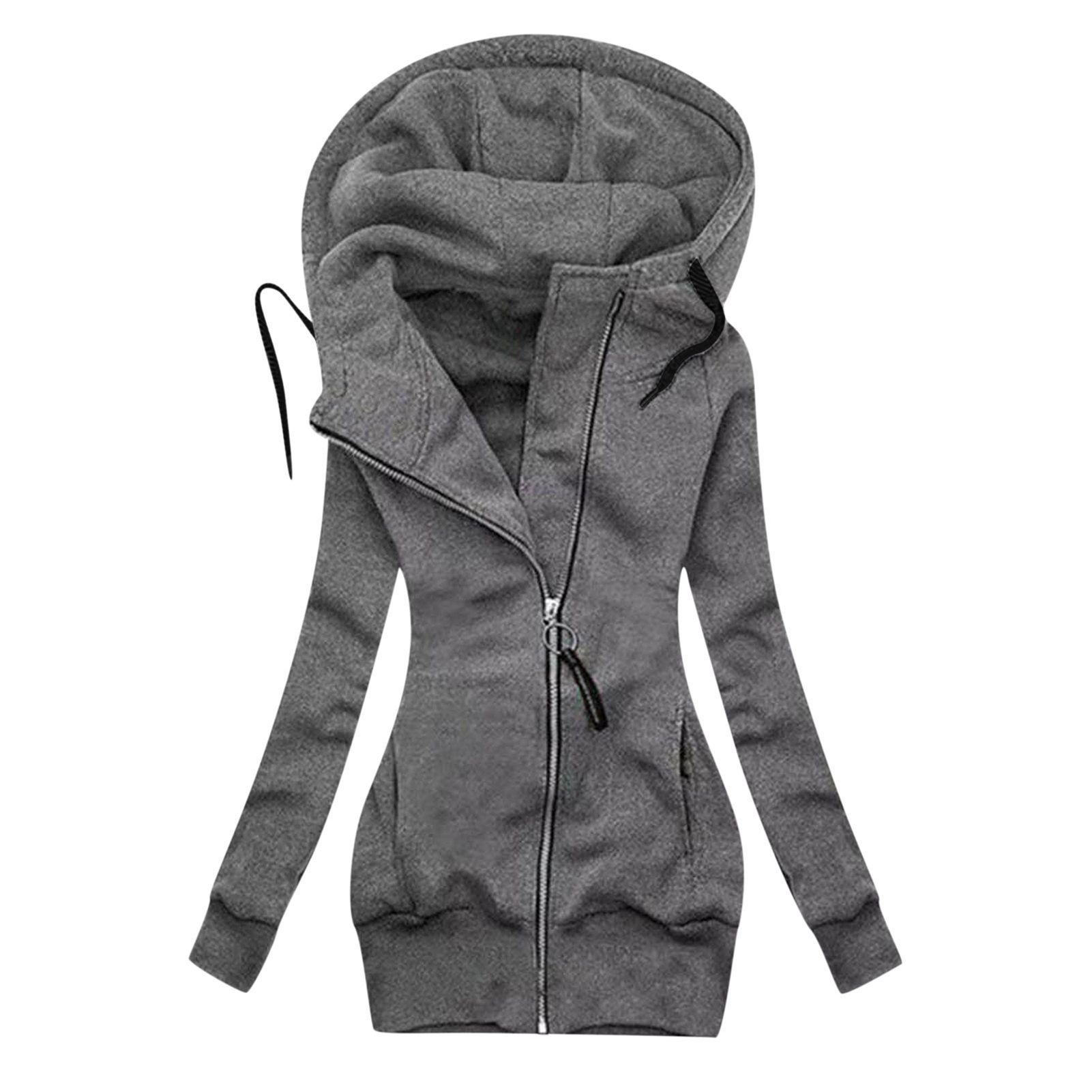 Hoodie Jacket Elastic Hem Hooded Zipper Closure Jacket Coat
