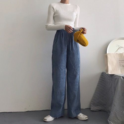 Spring Corduroy Wide Leg Pants Women Korean Style High Waist Oversize Black Trousers Female Loose Casual Soft Girl