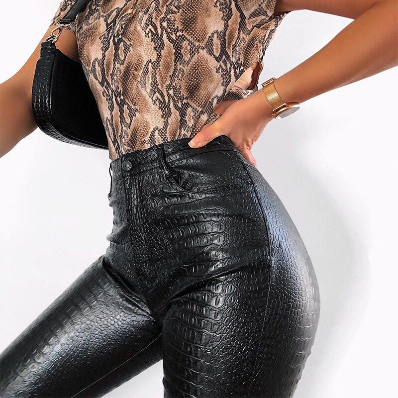 Black High Waist Pencil Faux Leather Pants Women Casual Elegant Carving Print Ankle Length Pants Streetwear Trousers
