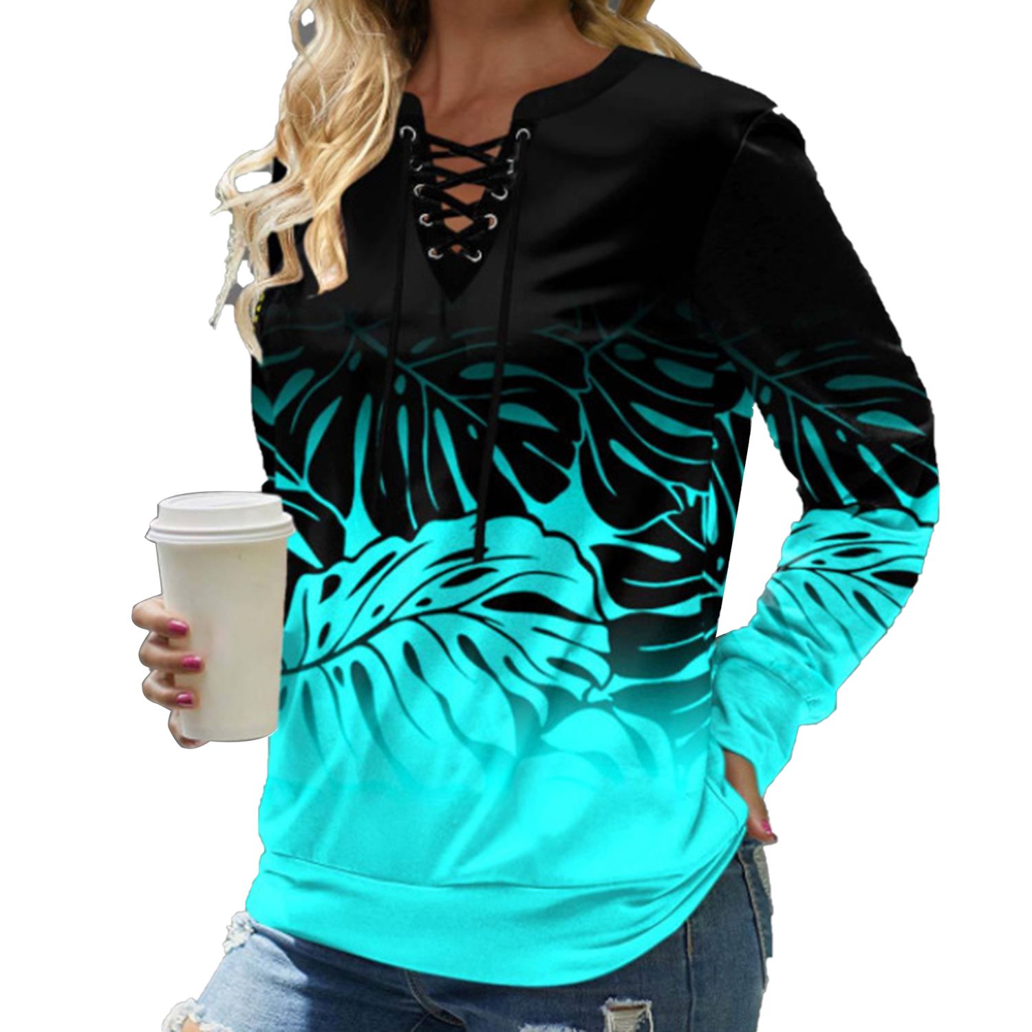 Sweatshirt Floral Print Fashion Print Bandage Neckline Blouse