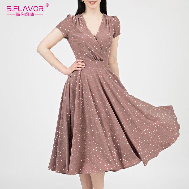 S.FLAVOR New Casual Polka Dot Print Mid Dress Women V Neck Short Sleeve A Line Dresses Summer Vintage Party Dress Robe Femme