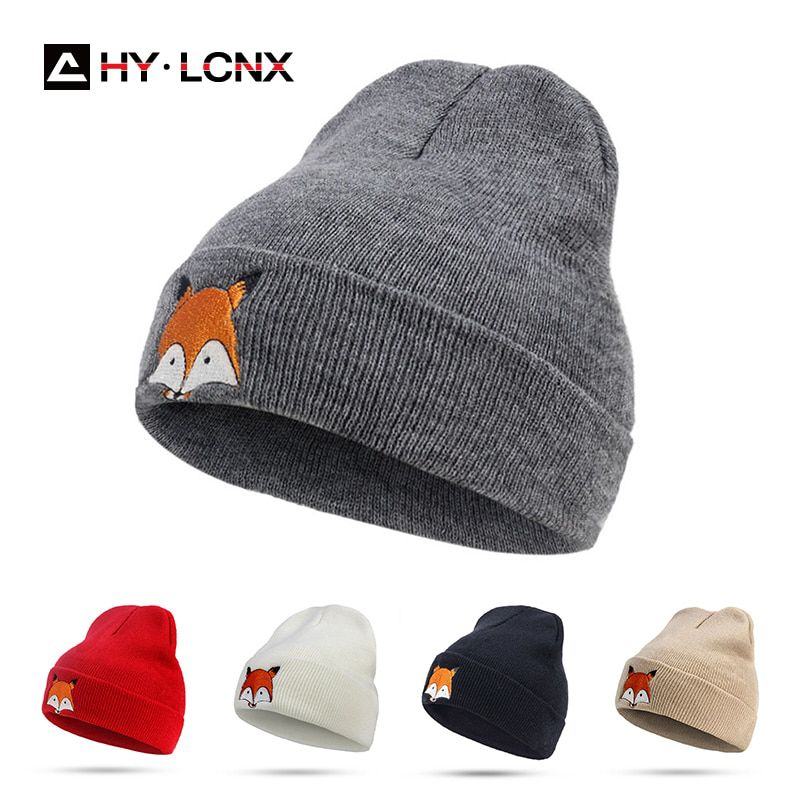2021 UniWinter Beanies Skullies For Men Women Cartoon Fox Embroidery Women's Knitted Hat Bonnet Cap Skiing Warm Men's Hats