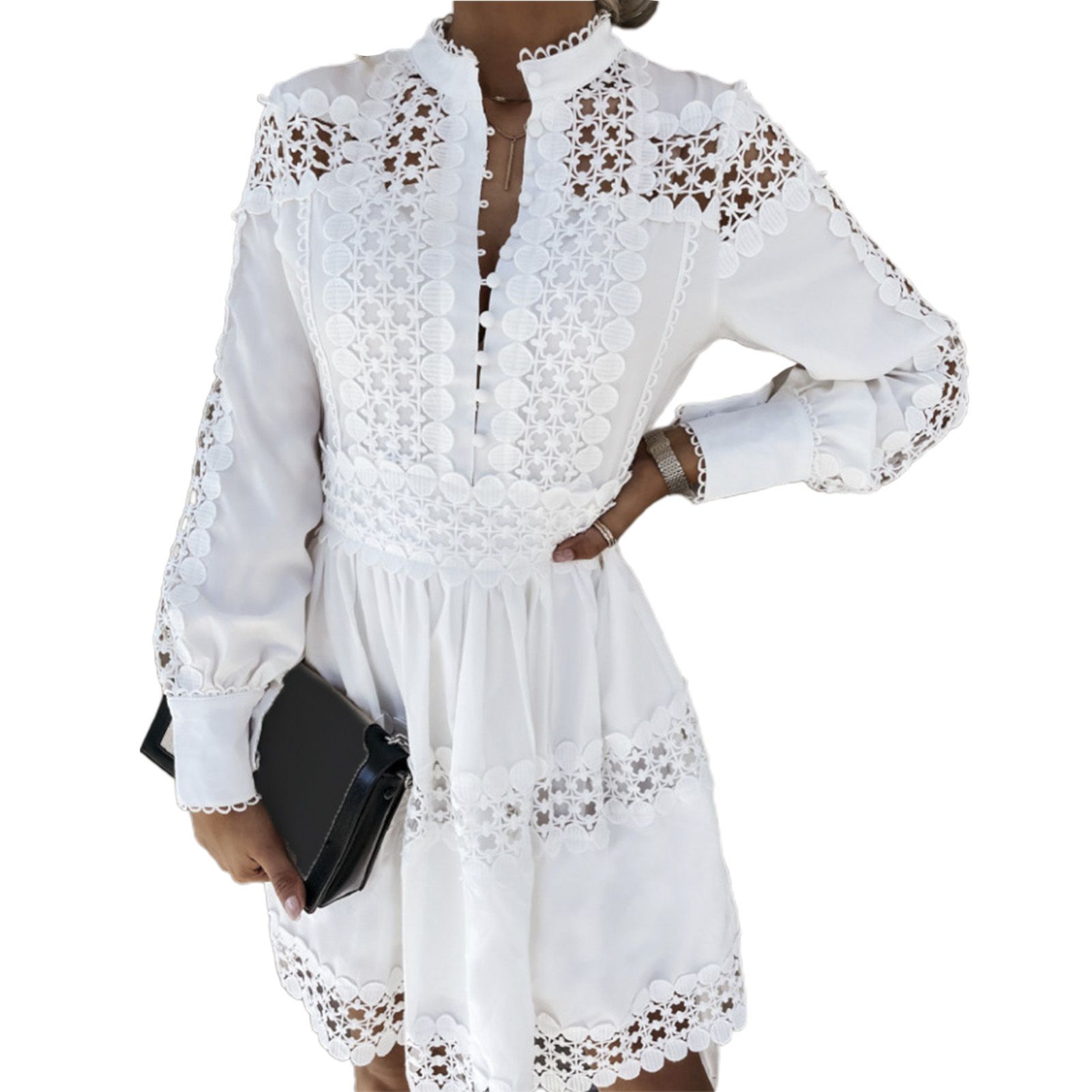 Party Dress Long Sleeve Pure Color Buttons Dress