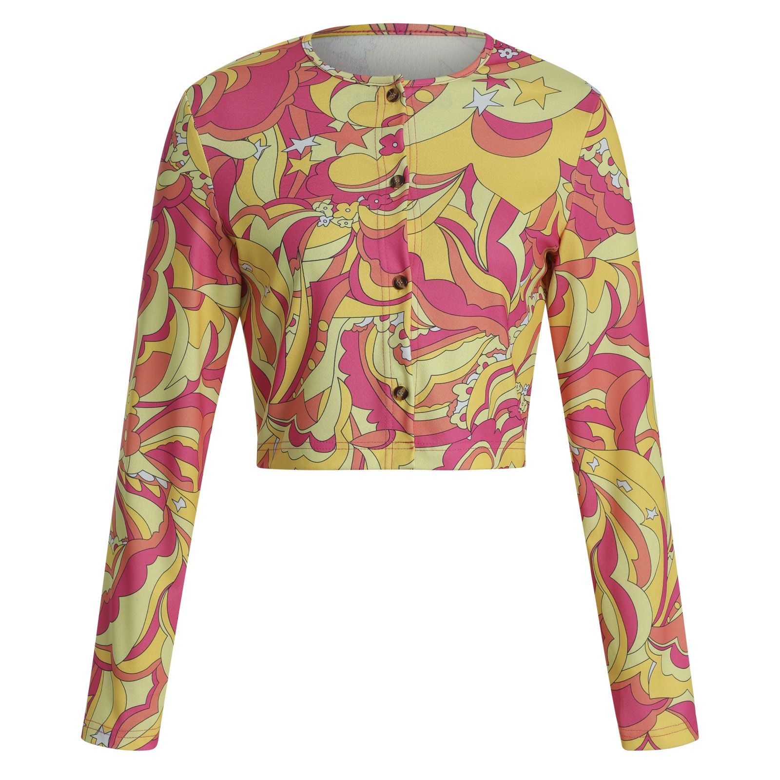 Women Printed Short Outerwear, Adults Button-down Long Sleeve Round Neck Cardigan