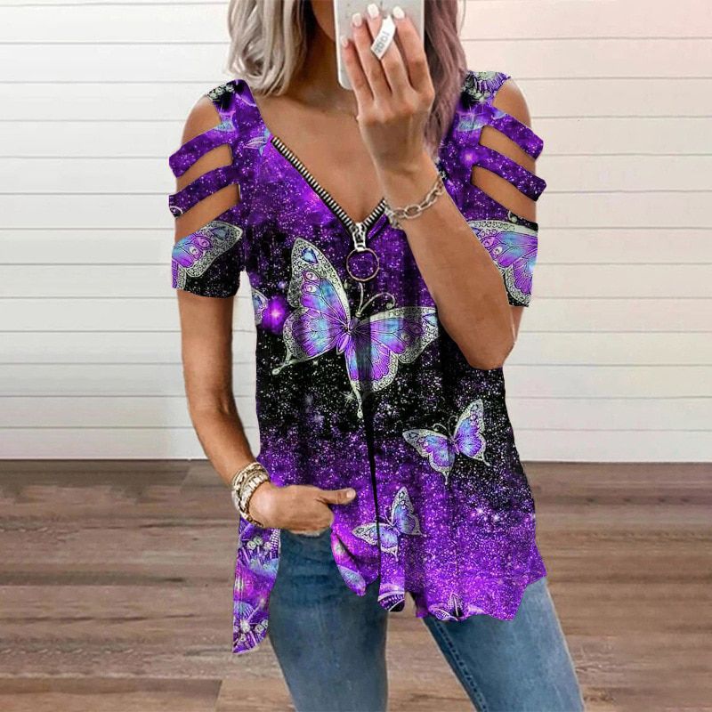 Women's Western Style Printed V-neck Zipper Strapless Short-sleeved T-shirt Oversized Clothing Shirt Summer New Top T-shirt