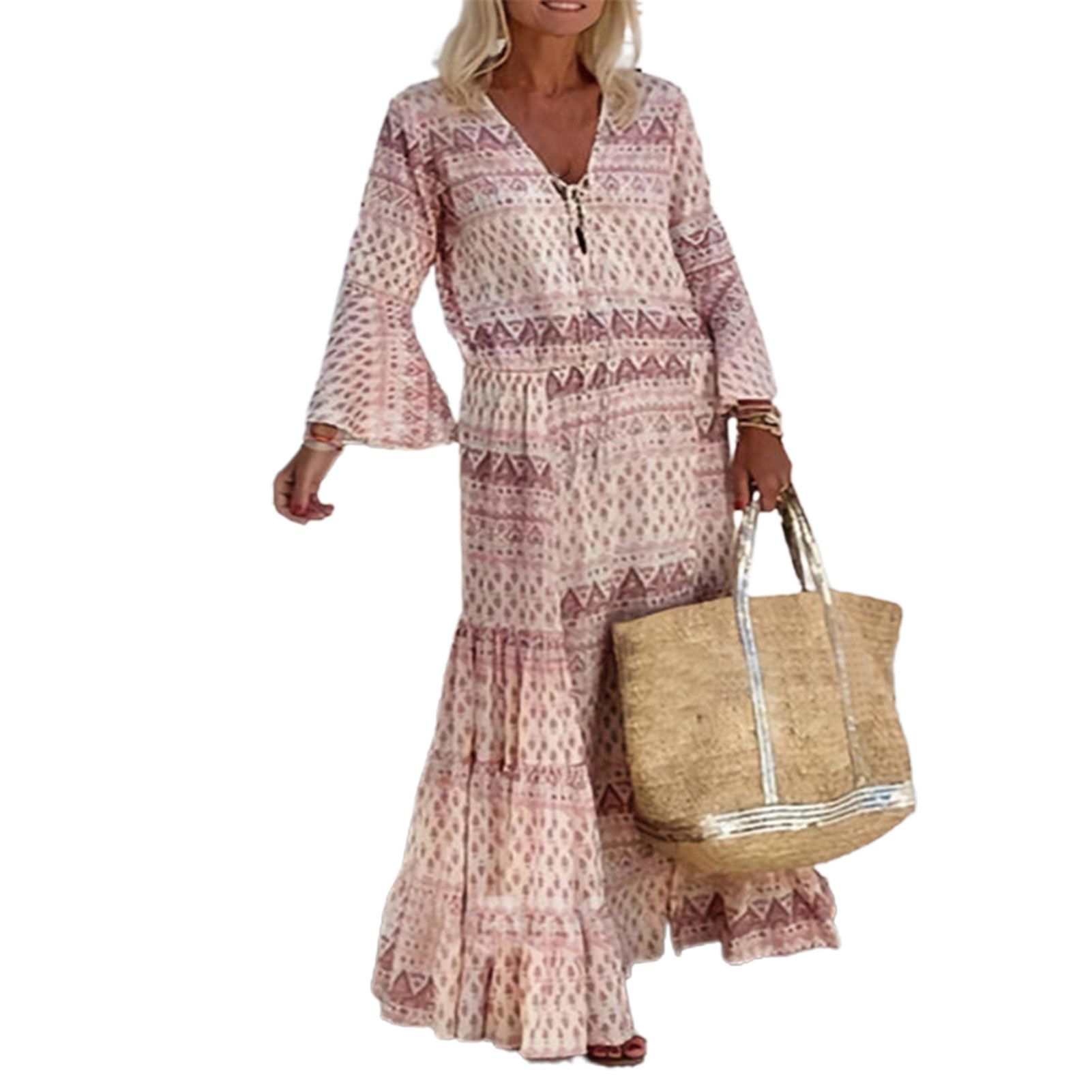 Ladies Loose Dress Bohemian Geometric Print V Neck Flare Sleeve Dress for Beach