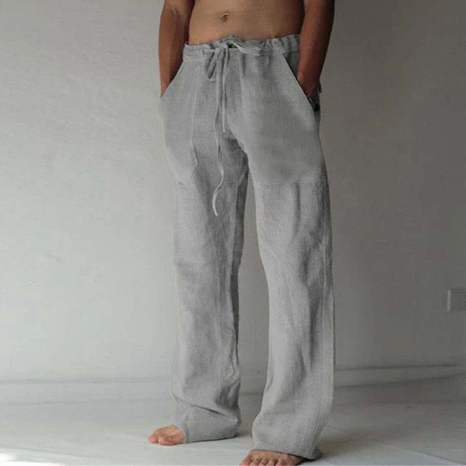 Men's Casual Daily Solid Full Length Pants Mid Waist Pocket Drawstring Trousers Fashion High Quality Comfy Pants Dropshipping